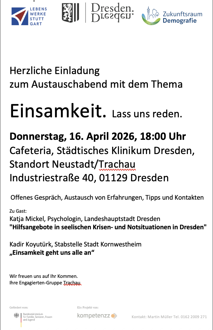 Austauschabend zum Thema Einsamkeit im Klinikum Dresden Trachau am 16. April, 18:00h.